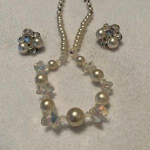 Crystal and Pearl Necklace and Matching Earrings. Real Unique. Clip Earrings.